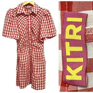 Kitri Dress Womens US 2 Red White Gingham Button Front Ruched Puff Sleeve Collar